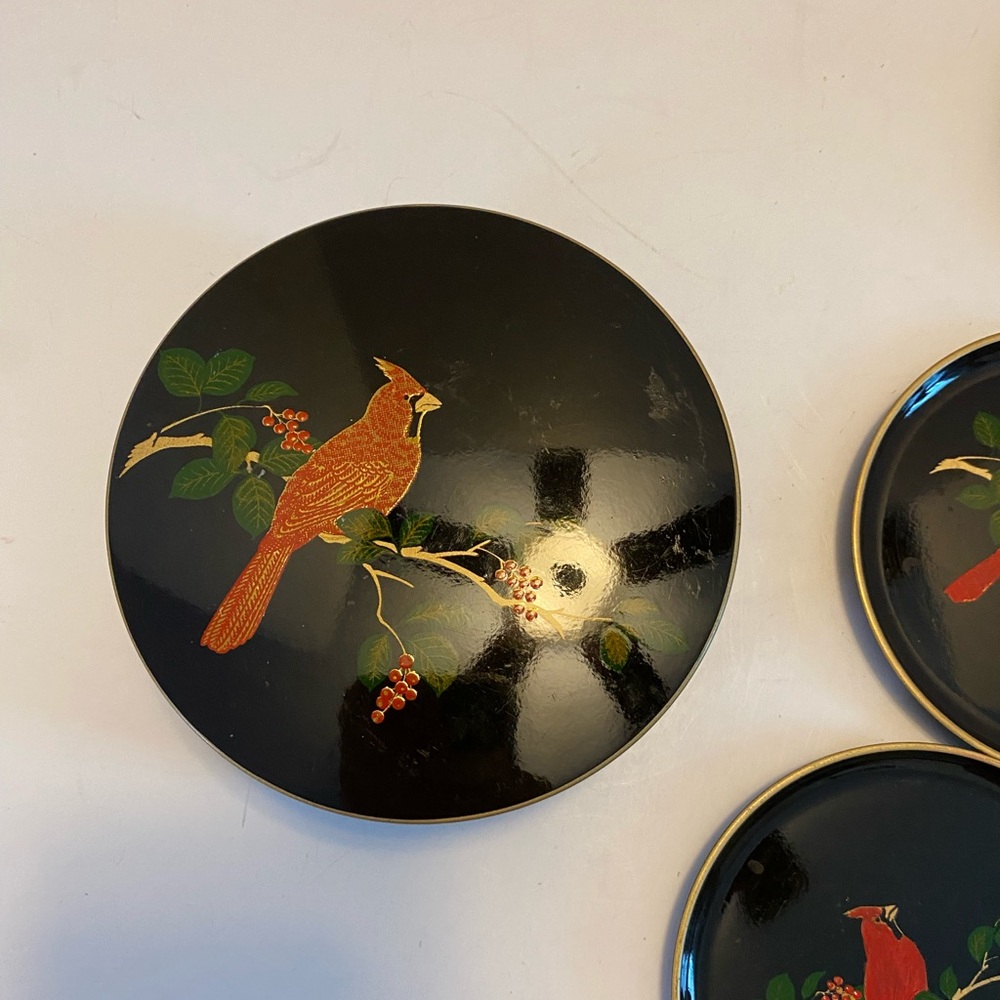 Otagiri Coaster Set Black Lacquer Cardinal Bird Vintage Gently Used